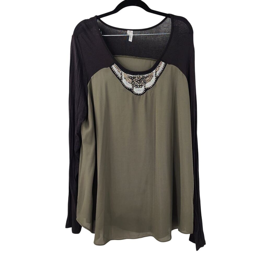 STUDIO Y Green & Black Beaded Neck Long Sleeve Top - XXL